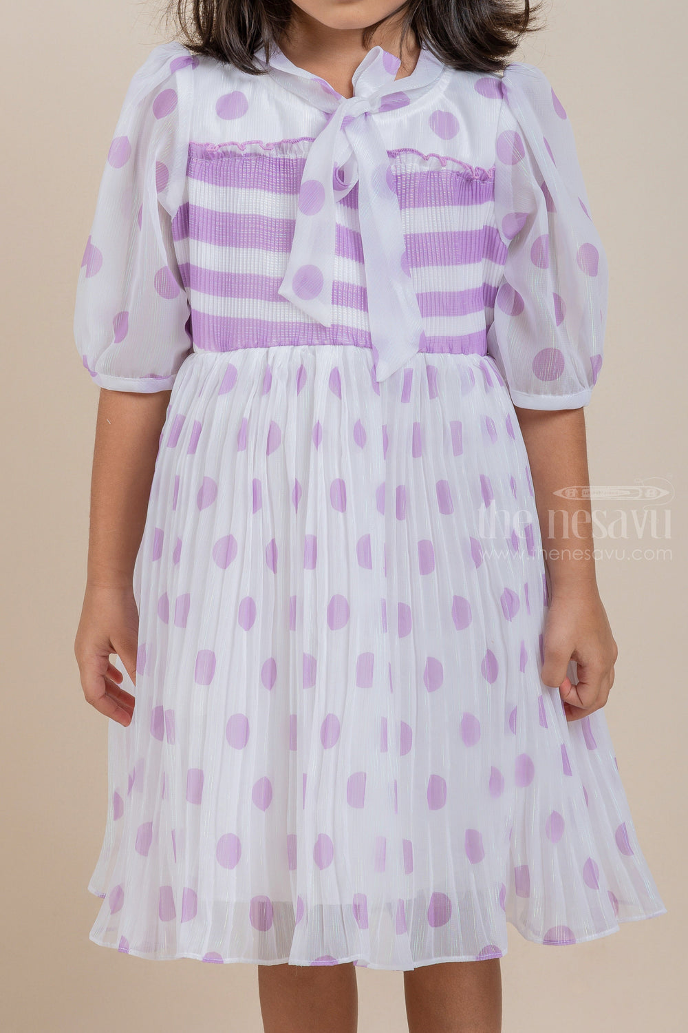 The Nesavu Frocks & Dresses Pleated Purple Polka Dot Gorgette White Frock with Geometrical Striped Yoke For Girls psr silks Nesavu