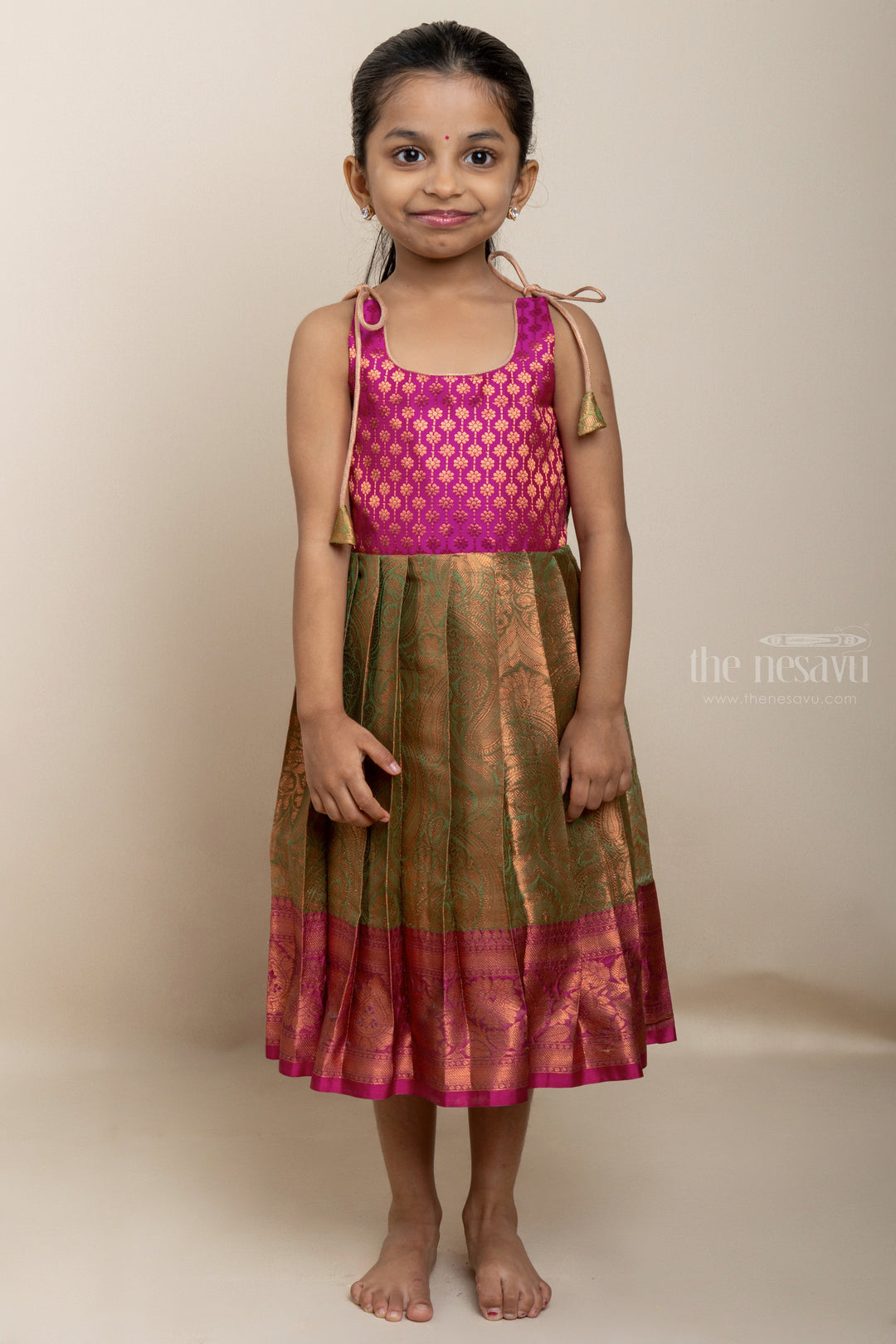 The Nesavu Tie-up Frock Plush Pink And Gold Brocade Printed Tie-Up Frocks For Little Girls Nesavu 12 (3M) / Pink T266A-12 Captivating Pattu Frocks Online| Pillala Frocks| The Nesavu