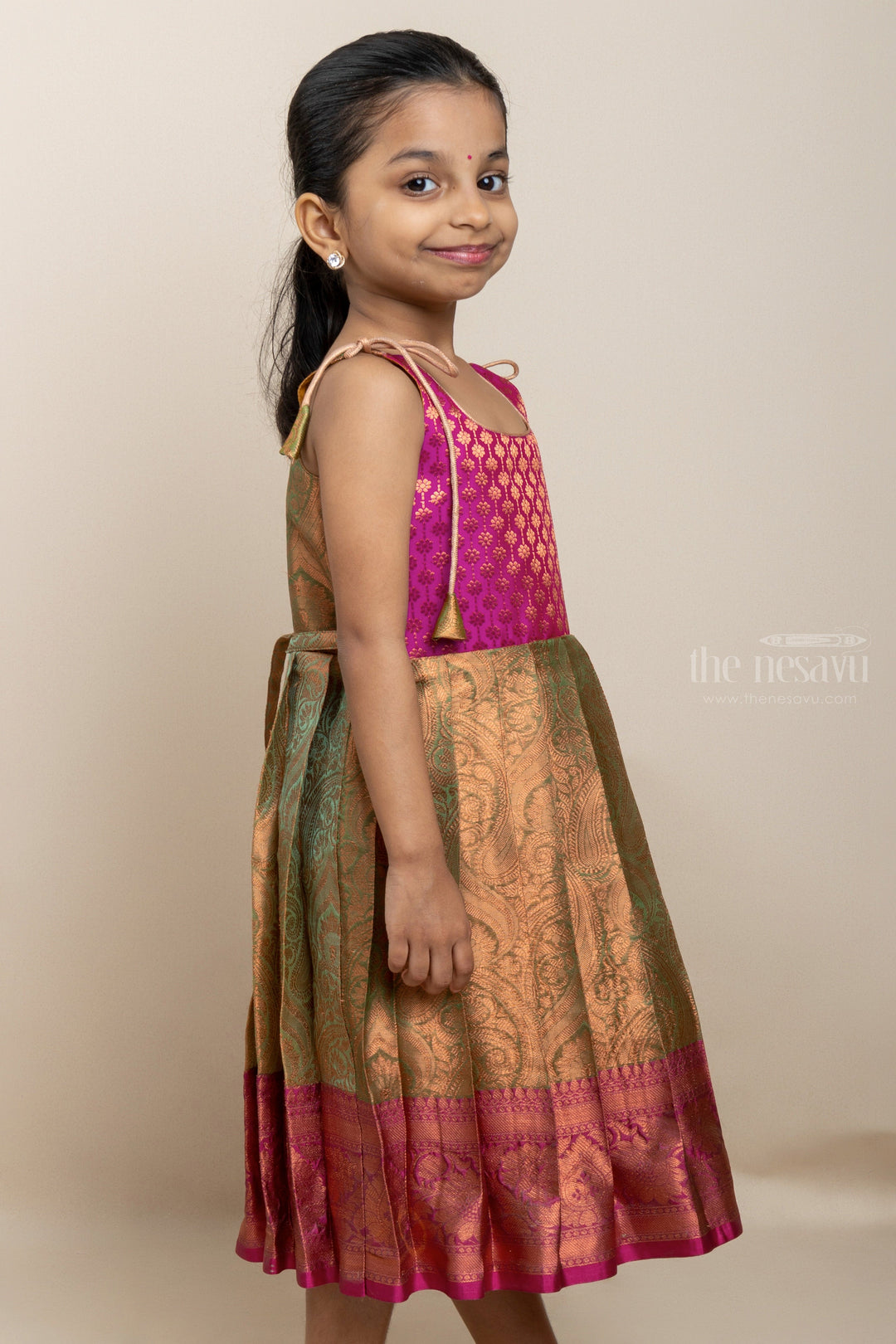 The Nesavu Tie-up Frock Plush Pink And Gold Brocade Printed Tie-Up Frocks For Little Girls Nesavu Captivating Pattu Frocks Online| Pillala Frocks| The Nesavu