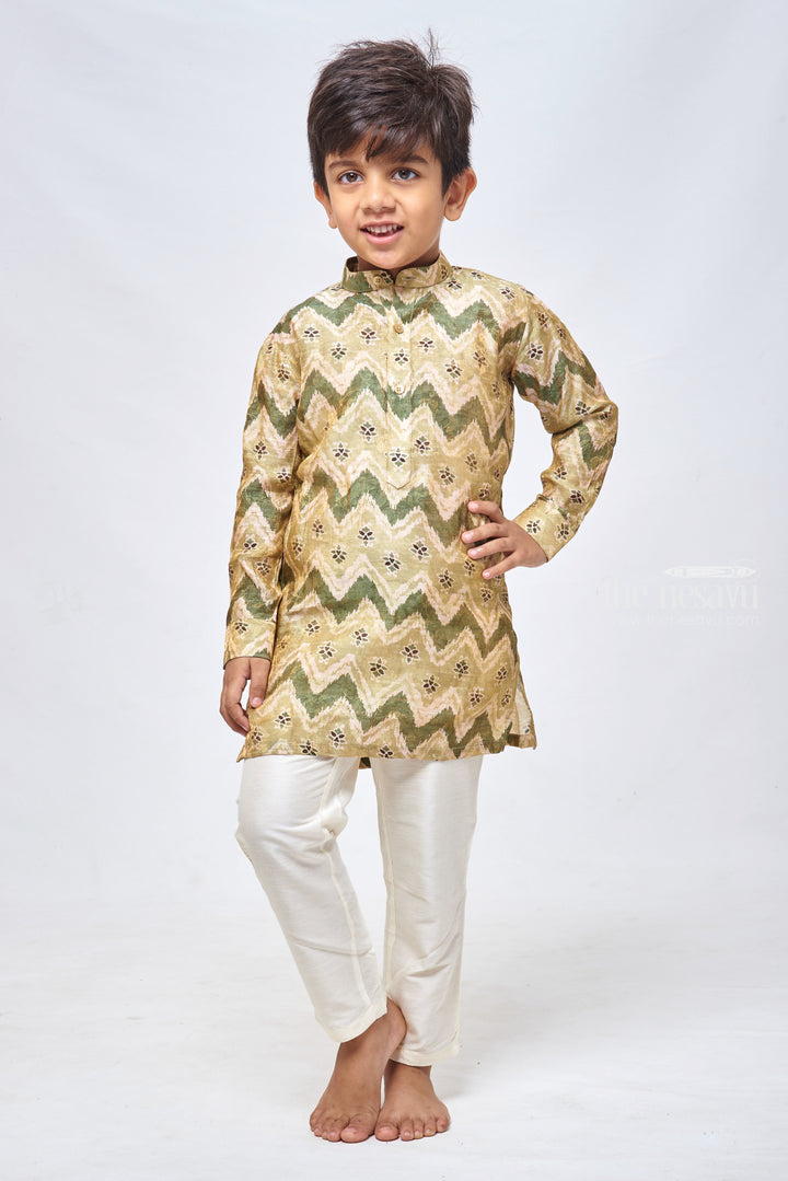 The Nesavu Boys Kurtha Set Poochampalli Charm in Olive: Ikat Printed Kurta & Pant Ensemble Nesavu 12 (3M) / Green / Viscose BES367A-12 Stylish Kids Kurta Set | Designer Boys Ethnic Outfit | the Nesavu