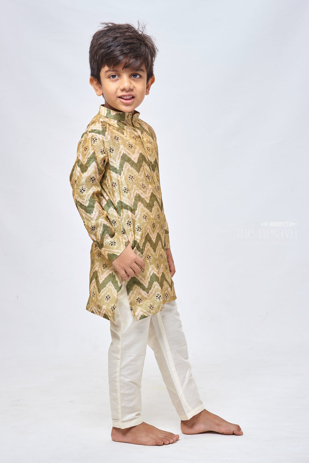 The Nesavu Boys Kurtha Set Poochampalli Charm in Olive: Ikat Printed Kurta & Pant Ensemble Nesavu Stylish Kids Kurta Set | Designer Boys Ethnic Outfit | the Nesavu