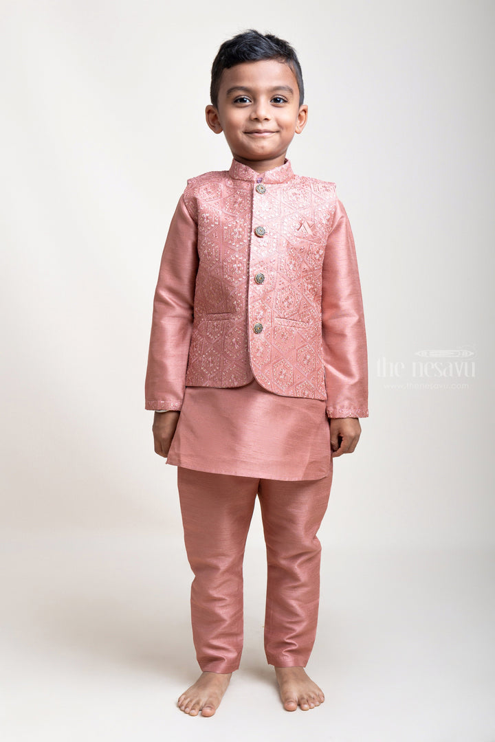 The Nesavu Boys Jacket Sets Posh Brown Kurta Set With Designer Overjacket And Pants For Little Boys psr silks Nesavu 16 (1Y) / Brown / Silk Blend BES264B