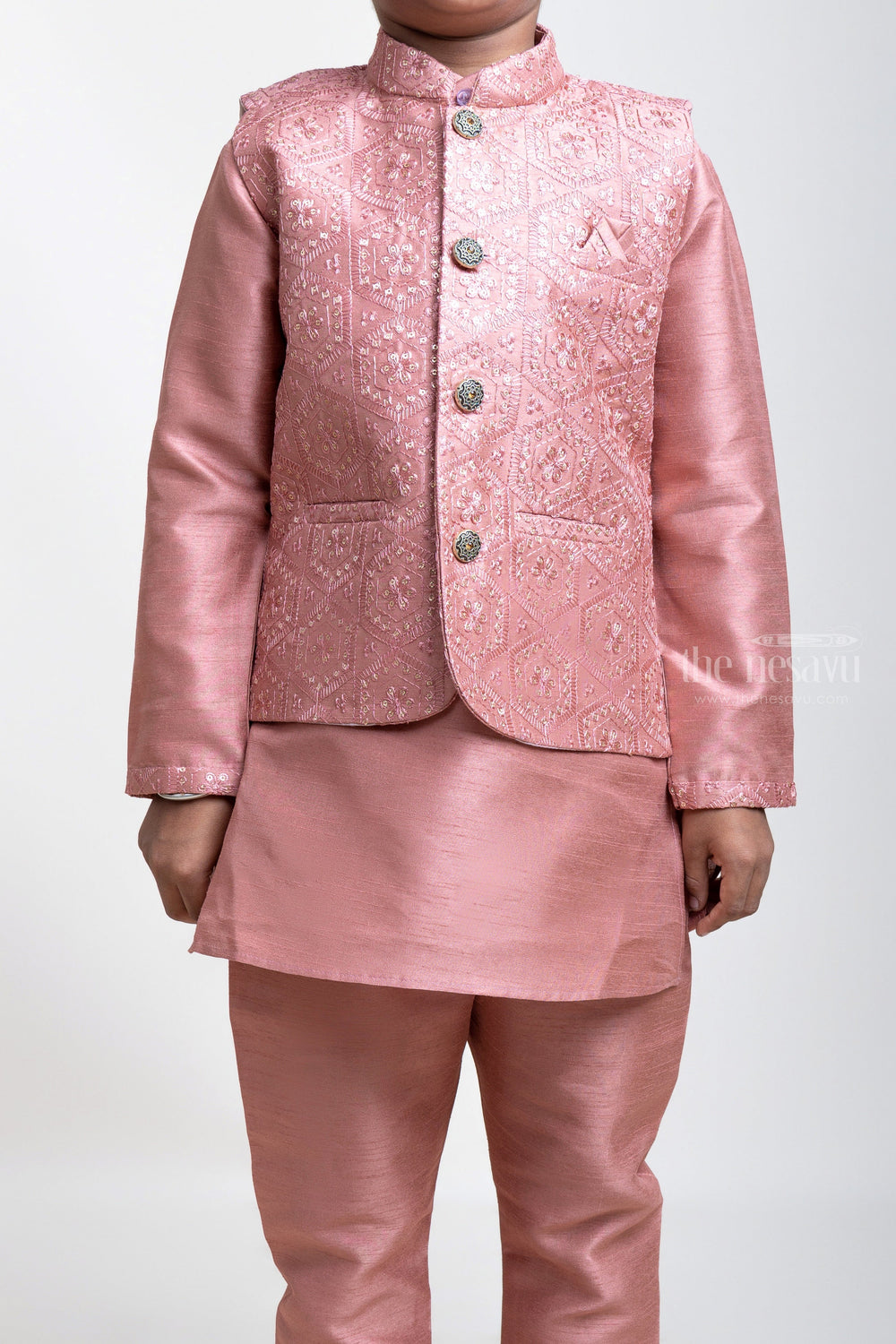 The Nesavu Boys Jacket Sets Posh Brown Kurta Set With Designer Overjacket And Pants For Little Boys psr silks Nesavu
