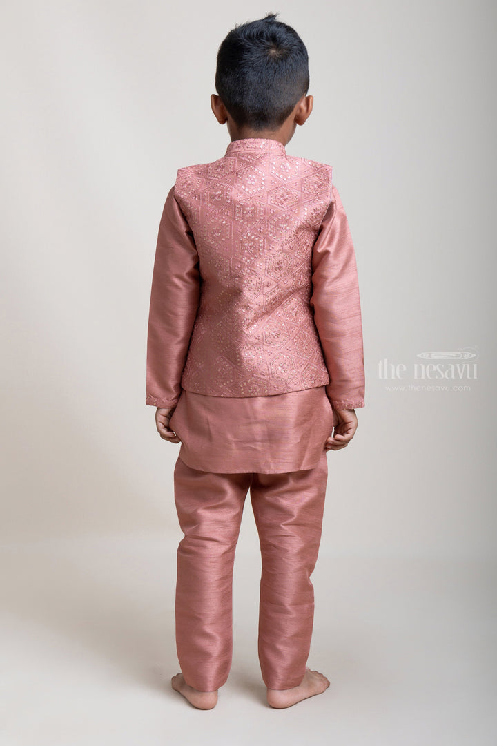 The Nesavu Boys Jacket Sets Posh Brown Kurta Set With Designer Overjacket And Pants For Little Boys psr silks Nesavu