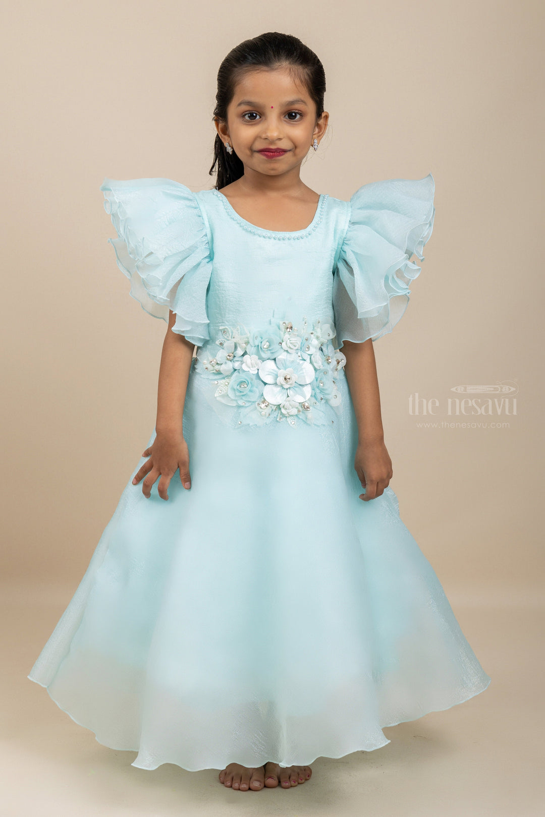 The Nesavu Girls Fancy Party Frock Posh Powder Blue - Floral Embellished Party Wear Gowns For Little Girls Nesavu 22 (4Y) / Turquoise PF93A-22 Blue Party Wear Frocks For Girls | Stylish Festive Collection| The Nesavu