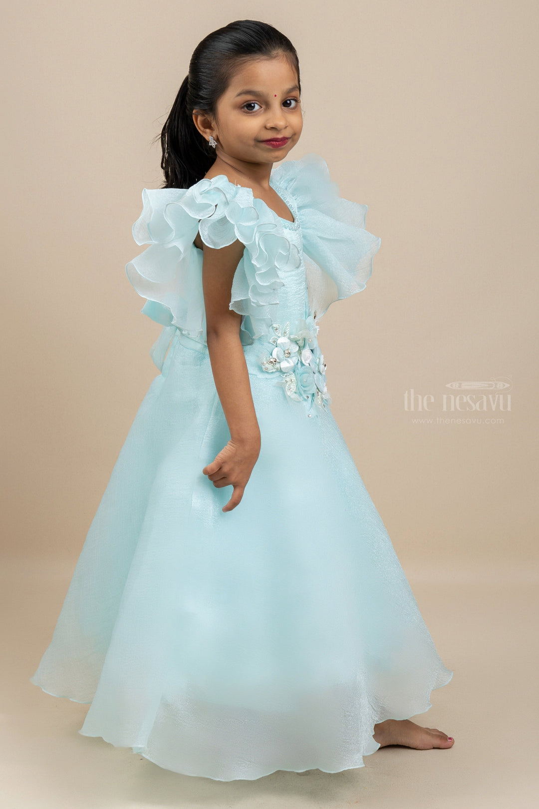 The Nesavu Girls Fancy Party Frock Posh Powder Blue - Floral Embellished Party Wear Gowns For Little Girls Nesavu Blue Party Wear Frocks For Girls | Stylish Festive Collection| The Nesavu