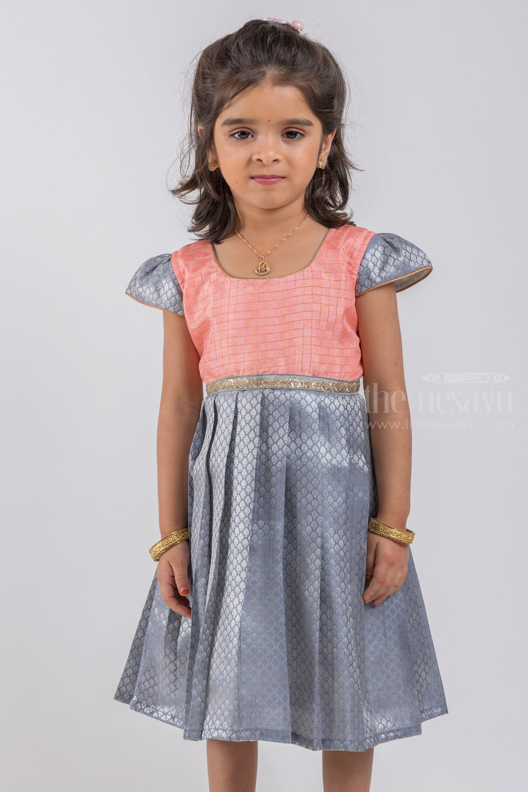 The Nesavu Silk Embroidered Frock Premium Checkered Pattern Salmon Pink Yoke and Knife Pleated Brocade Designer Gray Silk Frock for Girls psr silks Nesavu