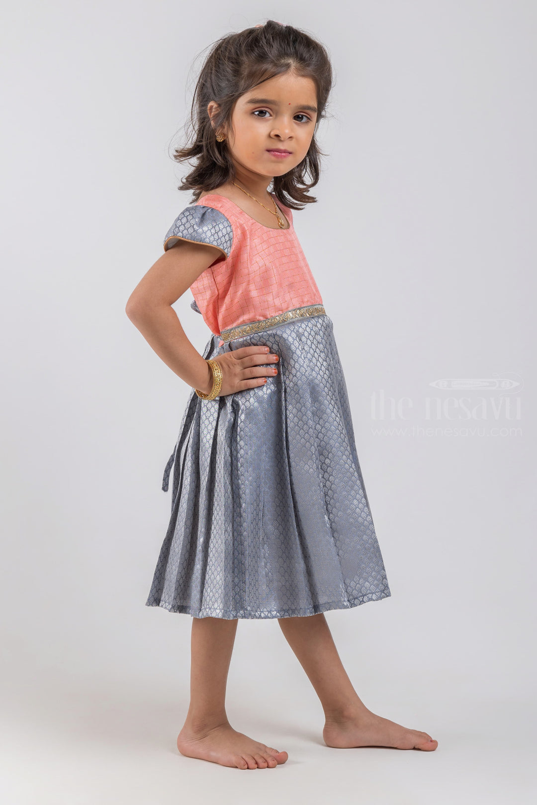 The Nesavu Silk Embroidered Frock Premium Checkered Pattern Salmon Pink Yoke and Knife Pleated Brocade Designer Gray Silk Frock for Girls psr silks Nesavu