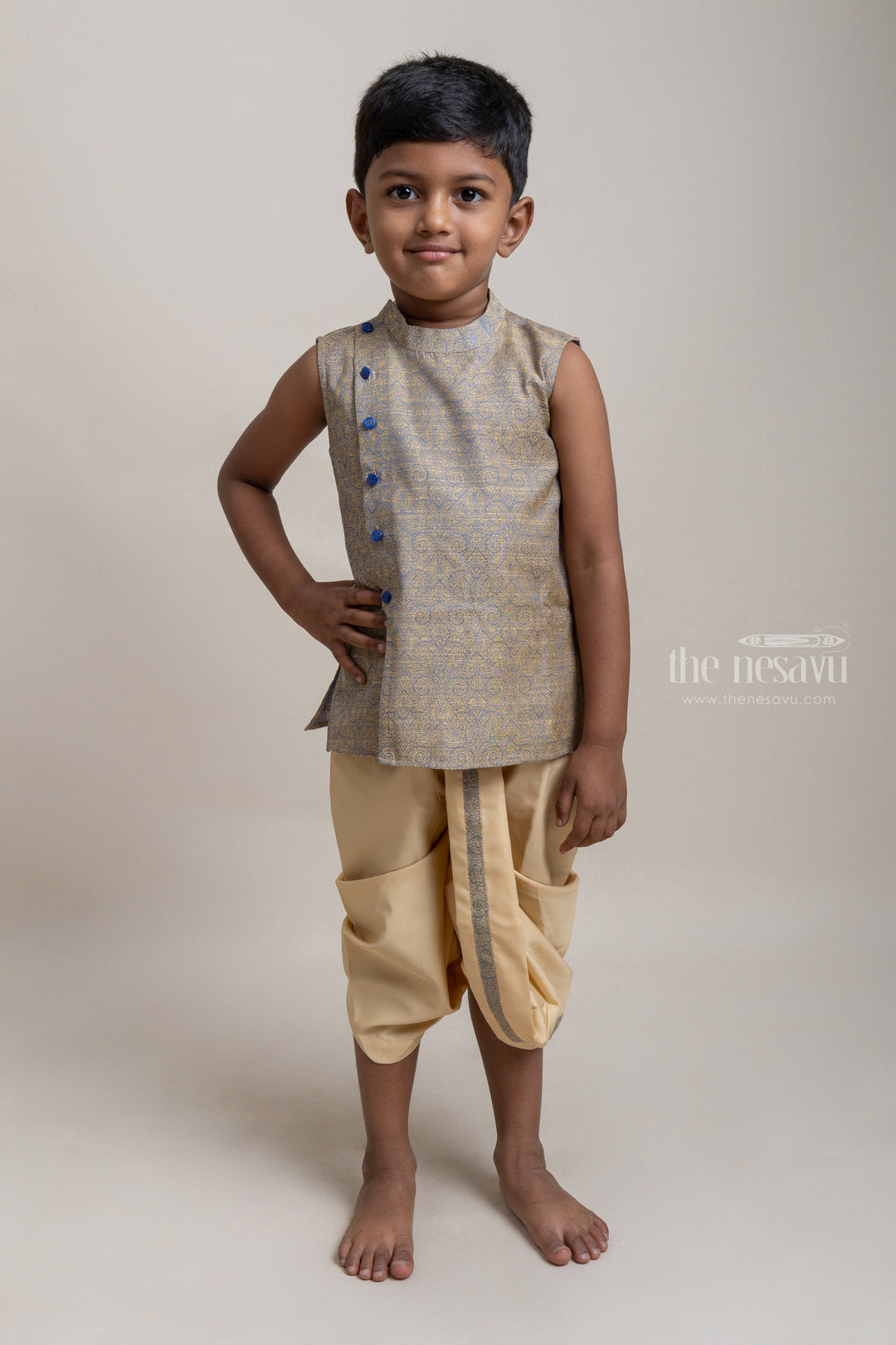The Nesavu Boys Dothi Set Premium Designer Gray Ethnic kurta With Contrast Dhoti For Boys Nesavu 12 (3M) / Gray / Dupioni Silk BES294A-12 Trendy Premium Wear For Boys | Ethnic Wear Collection | The Nesavu