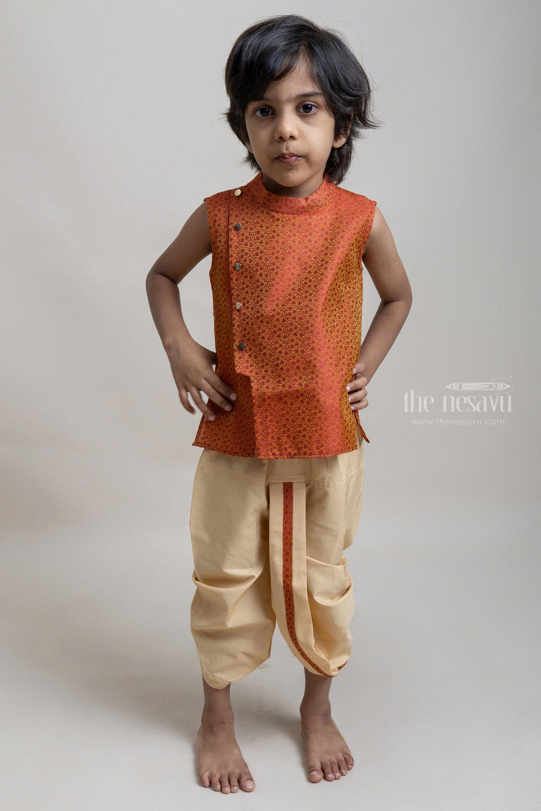 The Nesavu Boys Dothi Set Premium Floral Designer Orange Ethnic kurta With Contrast Dhoti For Boys Nesavu 12 (3M) / Orange / Dupioni Silk BES294B-12 Trendy Premium Wear For Boys | Ethnic Wear Collection | The Nesavu