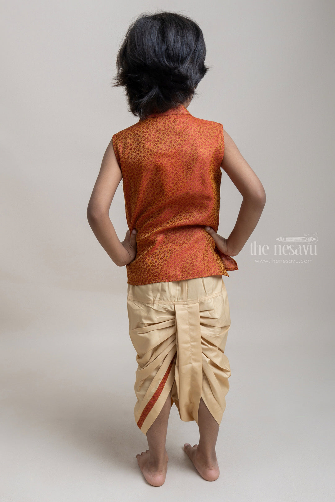 The Nesavu Boys Dothi Set Premium Floral Designer Orange Ethnic kurta With Contrast Dhoti For Boys Nesavu Trendy Premium Wear For Boys | Ethnic Wear Collection | The Nesavu