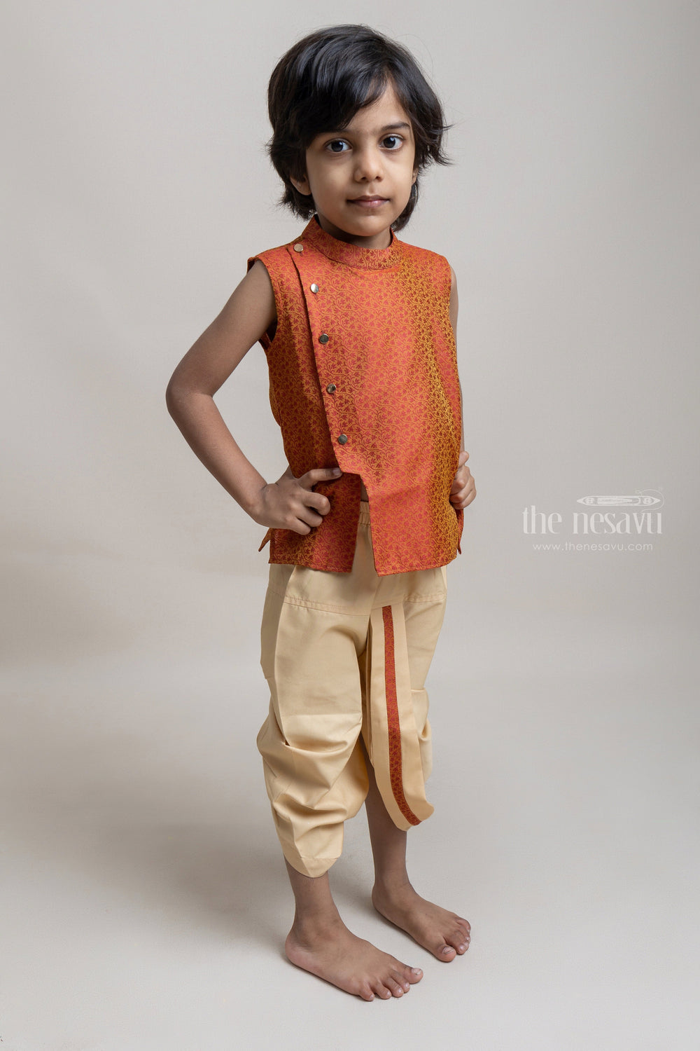 The Nesavu Boys Dothi Set Premium Floral Designer Orange Ethnic kurta With Contrast Dhoti For Boys Nesavu Trendy Premium Wear For Boys | Ethnic Wear Collection | The Nesavu