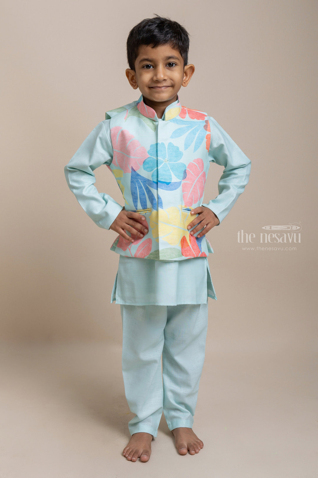 The Nesavu Boys Jacket Sets Premium Green Cotton Kurta Set With Floral Printed Overjacket For Boys Nesavu 14 (6M) / Green / Linen BES291A-14 Exclusive Range of Boys Ethnic Wear | Boys Kurta Collection | The Nesavu