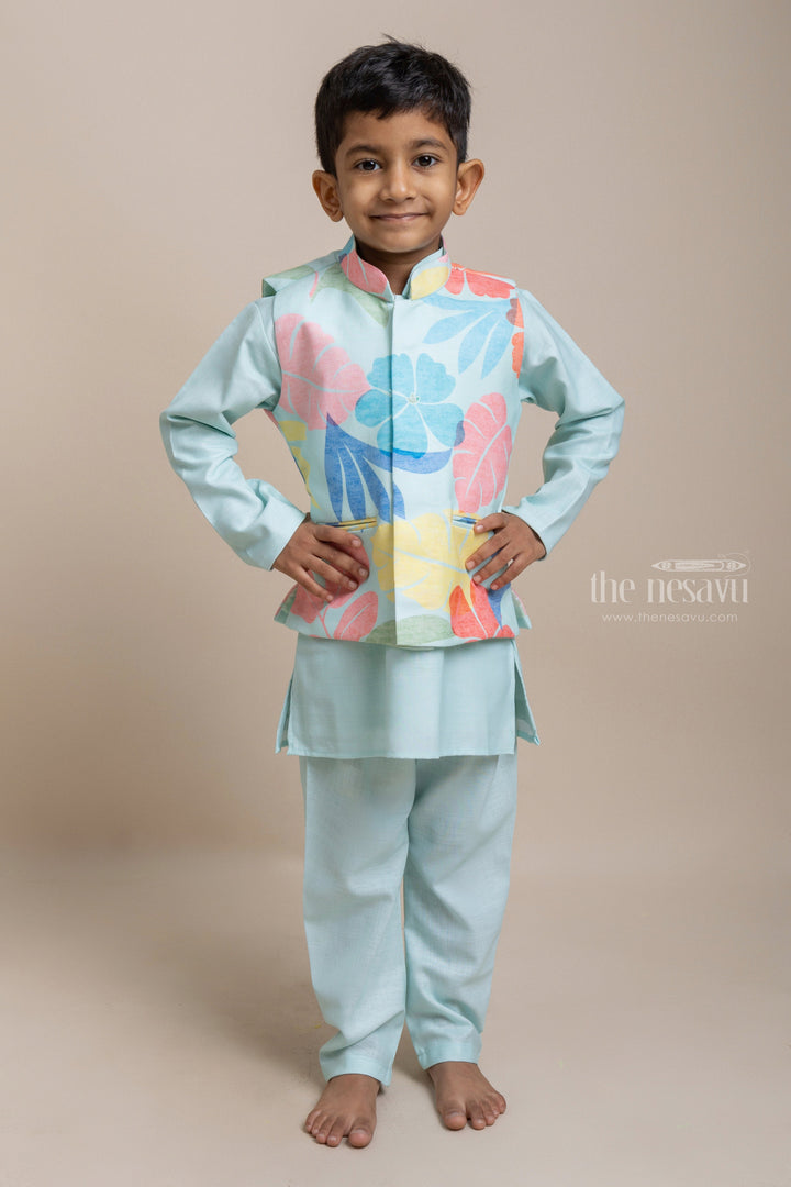 The Nesavu Boys Jacket Sets Premium Green Cotton Kurta Set With Floral Printed Overjacket For Boys Nesavu 14 (6M) / Green / Linen BES291A-14 Exclusive Range of Boys Ethnic Wear | Boys Kurta Collection | The Nesavu