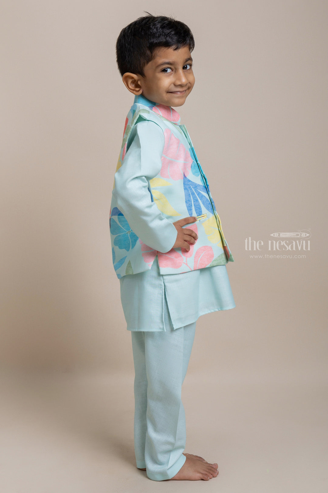 The Nesavu Boys Jacket Sets Premium Green Cotton Kurta Set With Floral Printed Overjacket For Boys Nesavu Exclusive Range of Boys Ethnic Wear | Boys Kurta Collection | The Nesavu