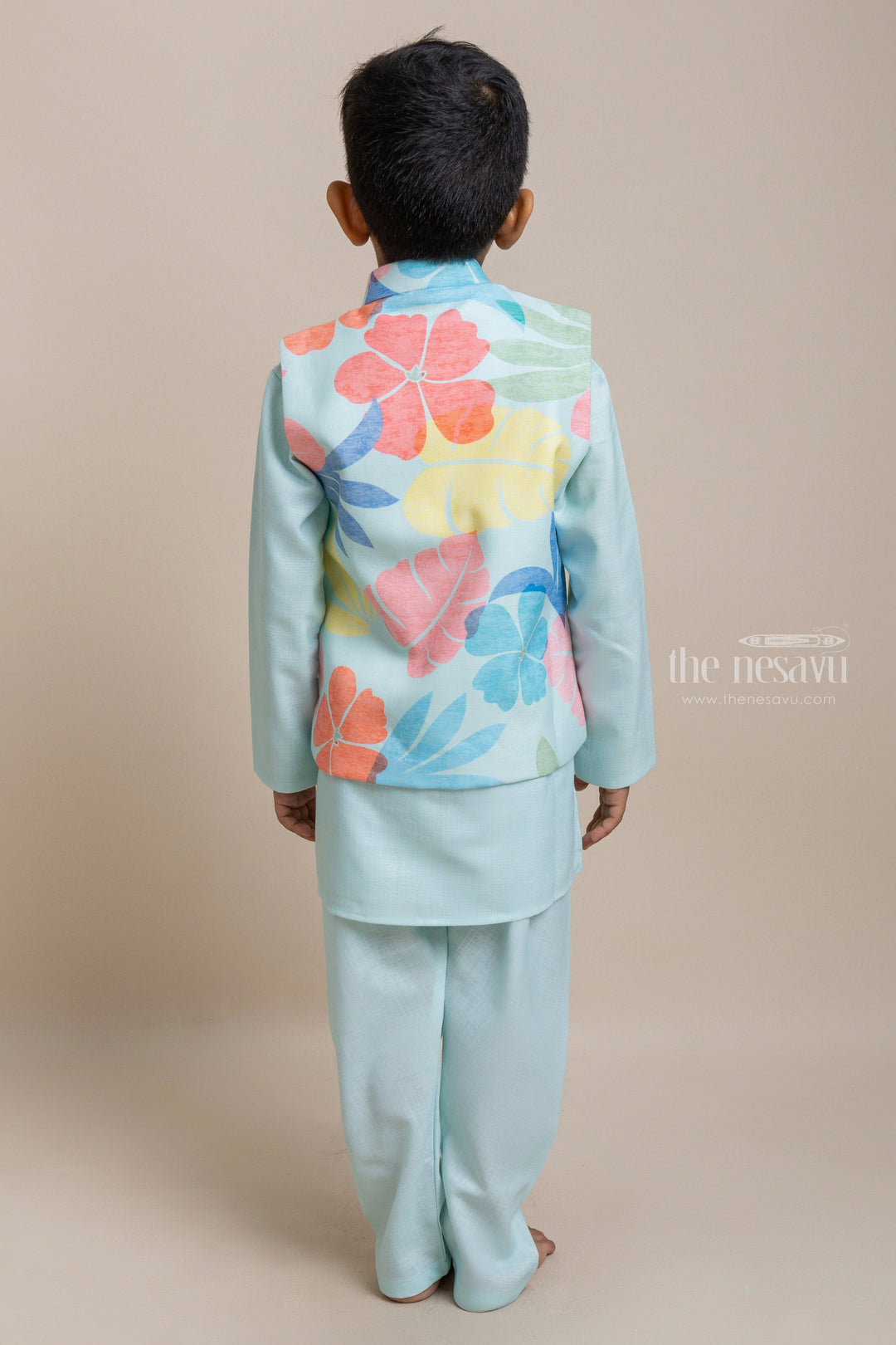 The Nesavu Boys Jacket Sets Premium Green Cotton Kurta Set With Floral Printed Overjacket For Boys Nesavu Exclusive Range of Boys Ethnic Wear | Boys Kurta Collection | The Nesavu