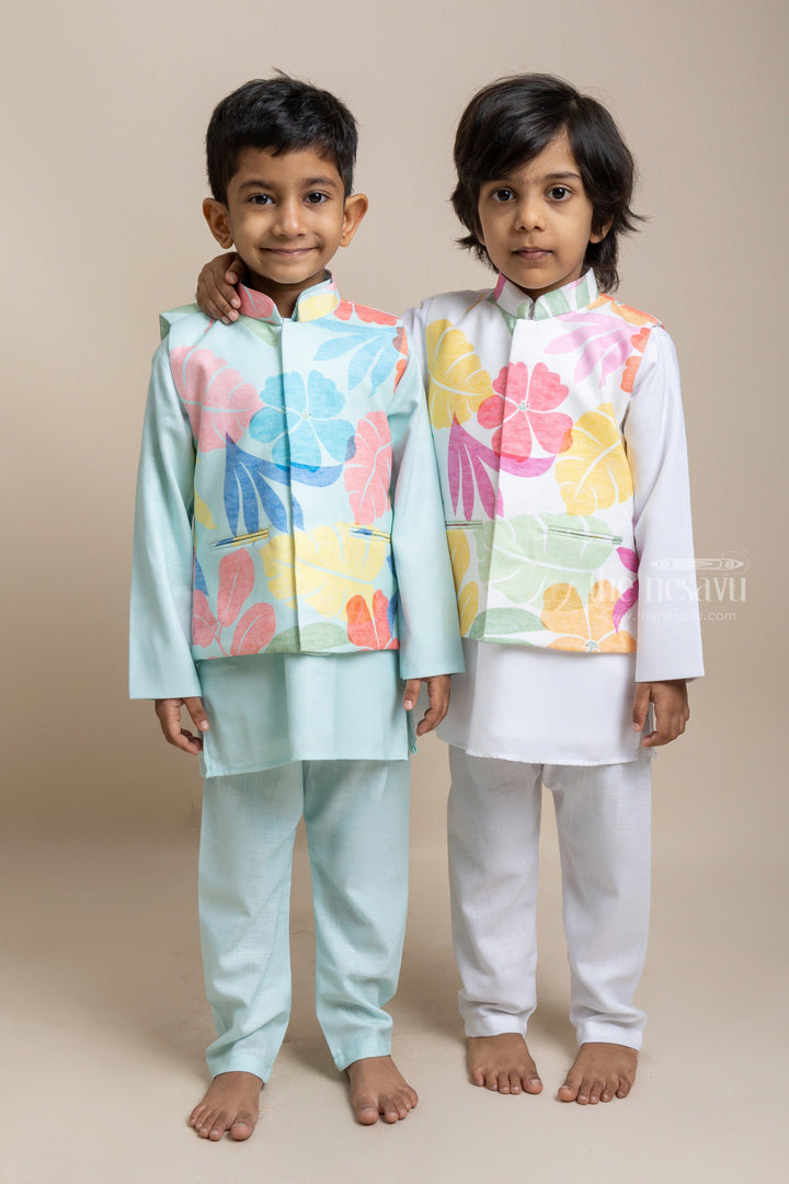The Nesavu Boys Jacket Sets Premium Green Cotton Kurta Set With Floral Printed Overjacket For Boys Nesavu Exclusive Range of Boys Ethnic Wear | Boys Kurta Collection | The Nesavu