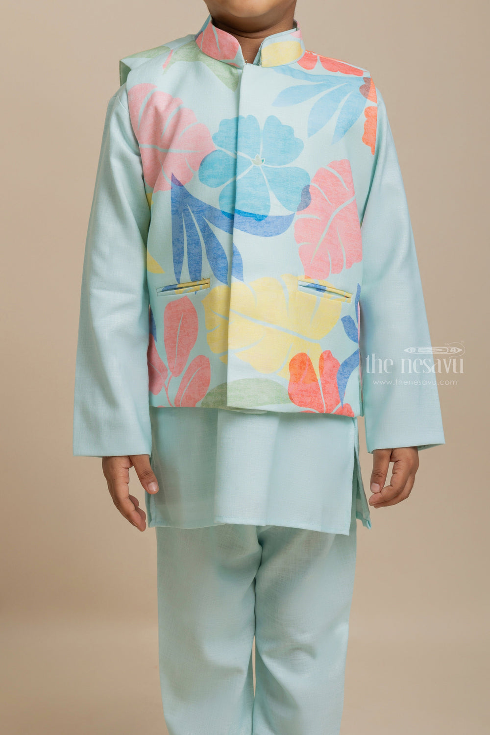 The Nesavu Boys Jacket Sets Premium Green Cotton Kurta Set With Floral Printed Overjacket For Boys Nesavu Exclusive Range of Boys Ethnic Wear | Boys Kurta Collection | The Nesavu