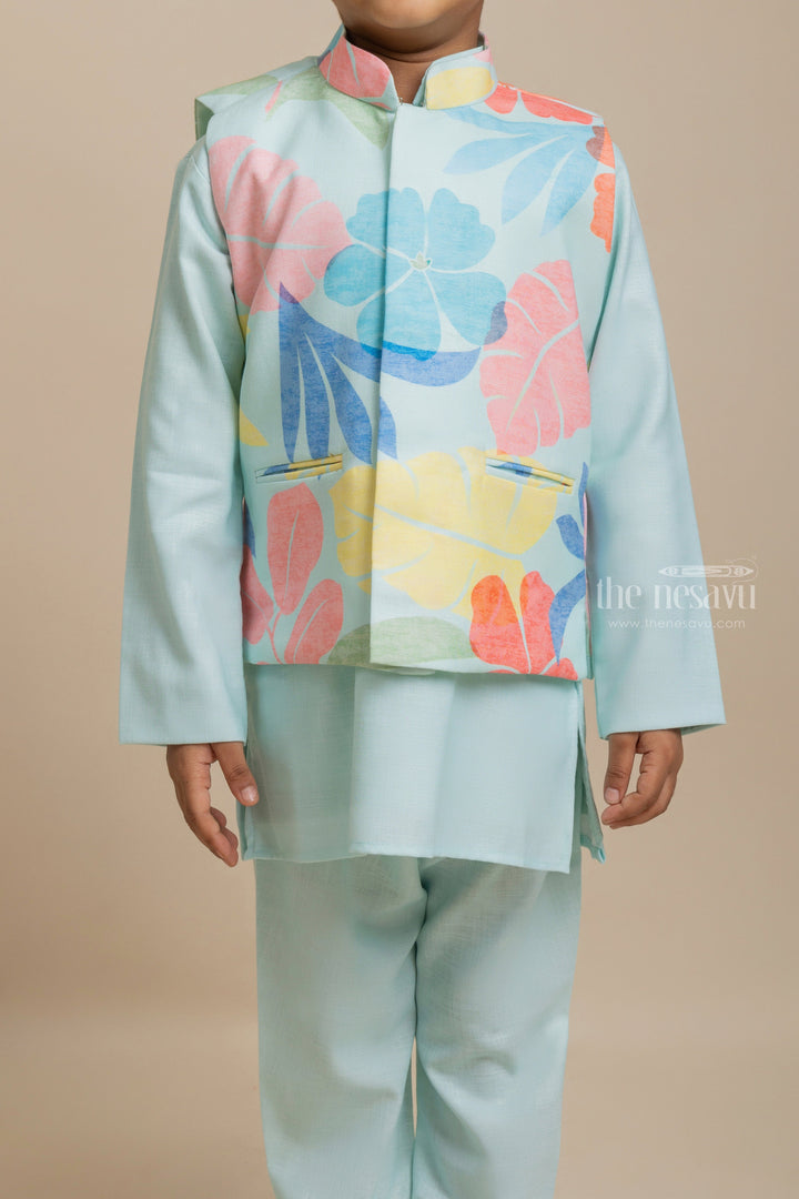 The Nesavu Boys Jacket Sets Premium Green Cotton Kurta Set With Floral Printed Overjacket For Boys Nesavu Exclusive Range of Boys Ethnic Wear | Boys Kurta Collection | The Nesavu