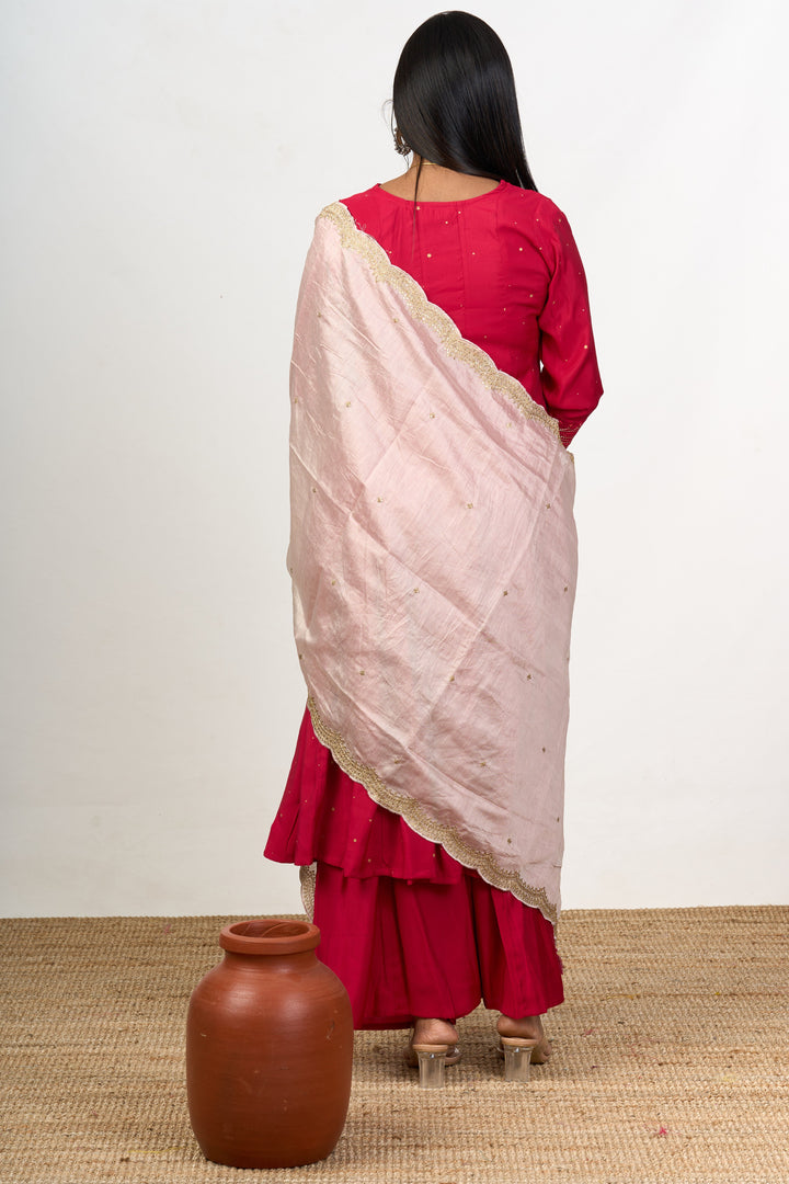 The Nesavu Womens Straight Suit Sets Premium Kurta Sets in Blend Silk with Red Elegance and Delicate Embroidery for Women Nesavu Nesavu Premium Red Blend Silk Kurta Sets Embroidered Detailing Palazzo Women