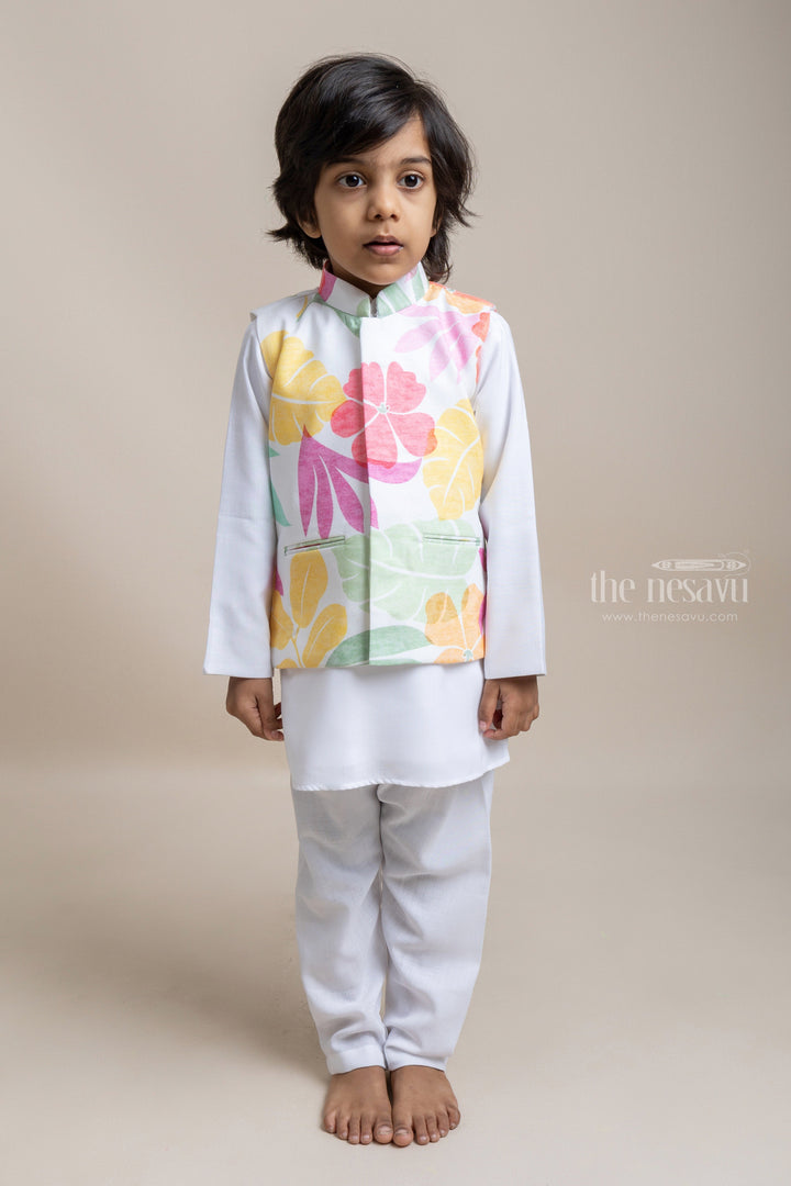 The Nesavu Boys Jacket Sets Premium White Cotton Kurta Set With Floral Printed Overjacket For Boys Nesavu 14 (6M) / White / Linen BES291B-14 Exclusive Range of Boys Ethnic Wear | Boys Kurta Collection | The Nesavu
