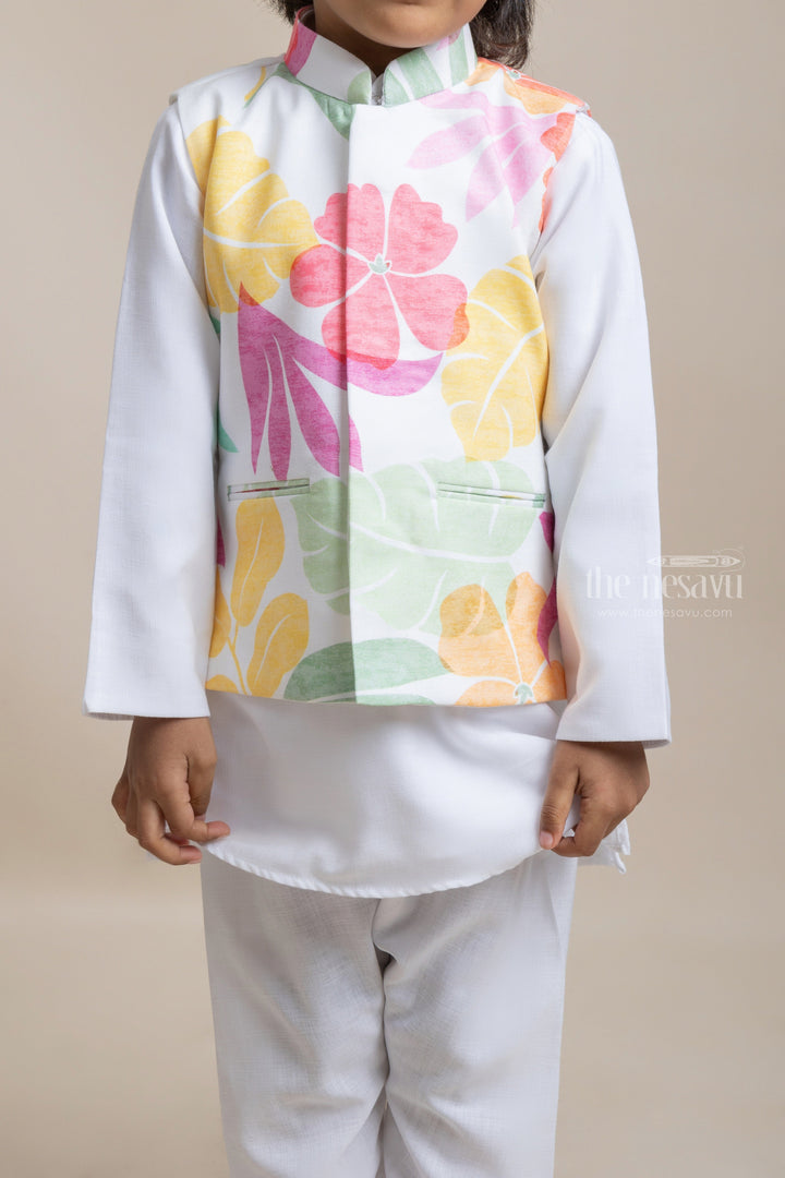 The Nesavu Boys Jacket Sets Premium White Cotton Kurta Set With Floral Printed Overjacket For Boys Nesavu Exclusive Range of Boys Ethnic Wear | Boys Kurta Collection | The Nesavu