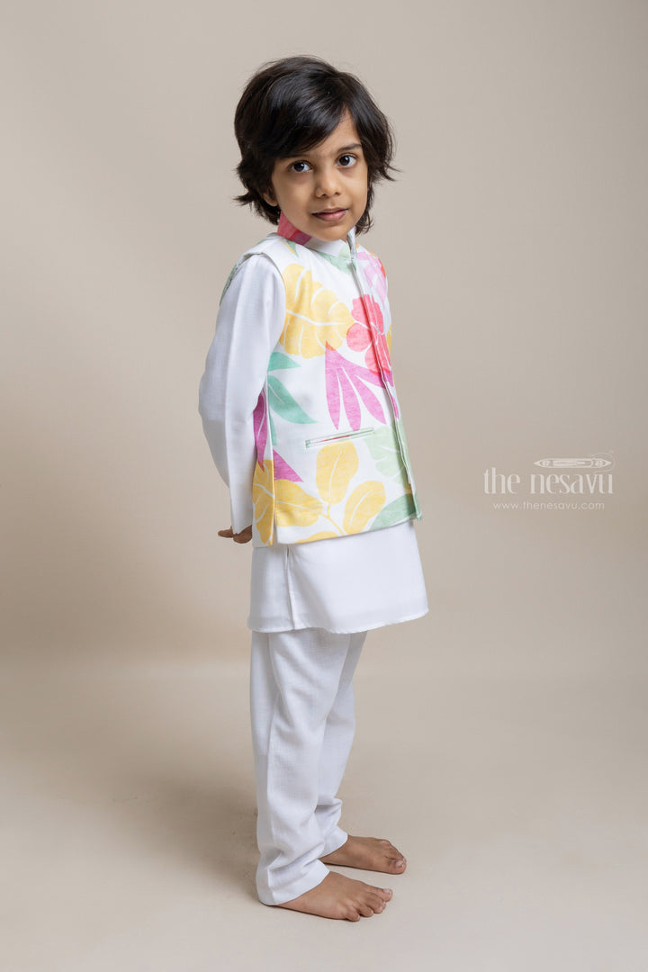 The Nesavu Boys Jacket Sets Premium White Cotton Kurta Set With Floral Printed Overjacket For Boys Nesavu Exclusive Range of Boys Ethnic Wear | Boys Kurta Collection | The Nesavu