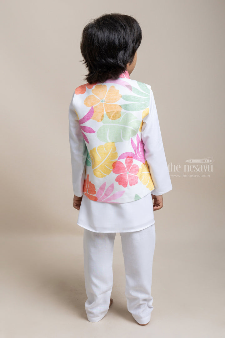 The Nesavu Boys Jacket Sets Premium White Cotton Kurta Set With Floral Printed Overjacket For Boys Nesavu Exclusive Range of Boys Ethnic Wear | Boys Kurta Collection | The Nesavu