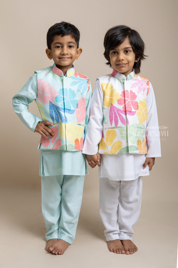 The Nesavu Boys Jacket Sets Premium White Cotton Kurta Set With Floral Printed Overjacket For Boys Nesavu Exclusive Range of Boys Ethnic Wear | Boys Kurta Collection | The Nesavu