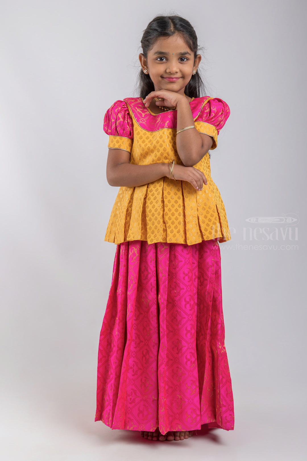 The Nesavu Pattu Pavadai Premium Yellow Brocade Designer Pleated Blouse And Pink Floral Designer Silk Skirt For Girls psr silks Nesavu 16 (1Y) / Pink / Jacquard GPP255