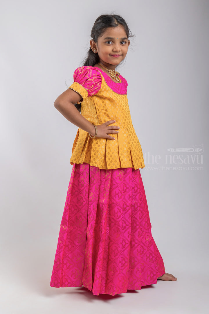 The Nesavu Pattu Pavadai Premium Yellow Brocade Designer Pleated Blouse And Pink Floral Designer Silk Skirt For Girls psr silks Nesavu