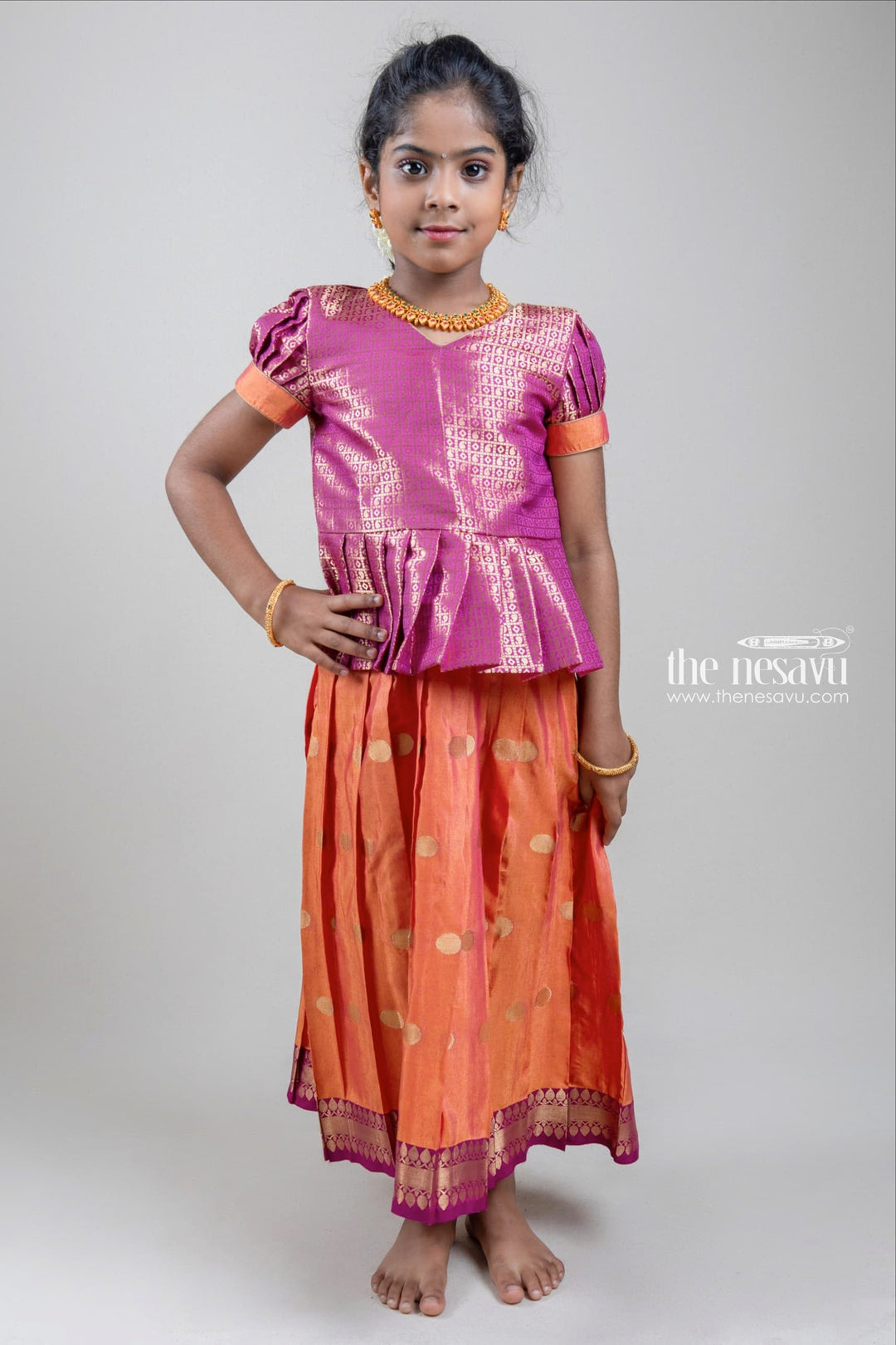 The Nesavu Pattu Pavadai Premium Zari Paisley Designer Pink Silk Peplum Blouse with Knife Pleated yellow Silk Skirt for Girls Nesavu 16 (1Y) / Yellow / Small Border GPP267B-16 Zari Paisley Designer Pink Silk Peplum Blouse with Knife Pleated Yellow Silk Skirt for Girls | Shop at The Nesavu