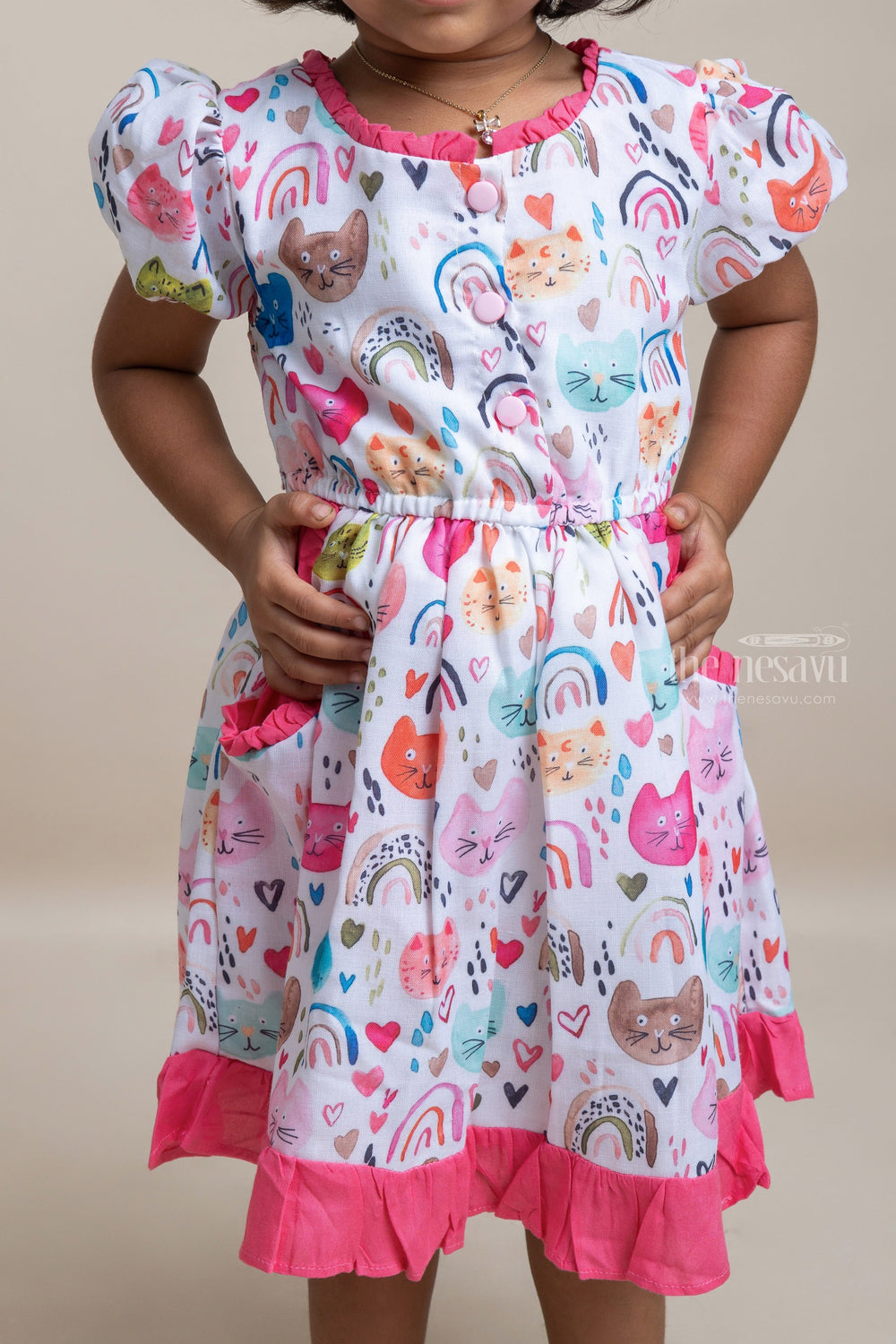 The Nesavu Girls Fancy Frock Pretty Animal Printed HalfWhite Cotton Frock For Girls Nesavu Fancy Cotton Frocks For Girls | Animal Printed Cotton Frocks | The Nesavu