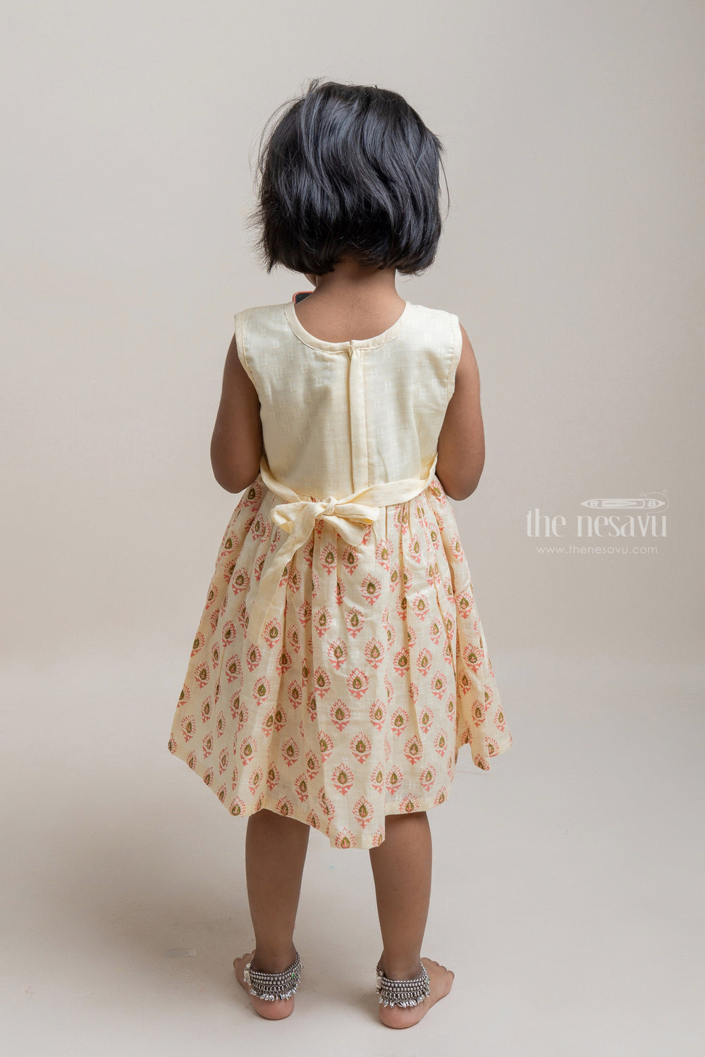 The Nesavu Girls Cotton Frock Pretty Beige Butta Hand Block Printed Sleeveless Cotton Frock For Girls Nesavu Fancy Yellow Cotton Frock For Girls | High Quality Frock | The Nesavu