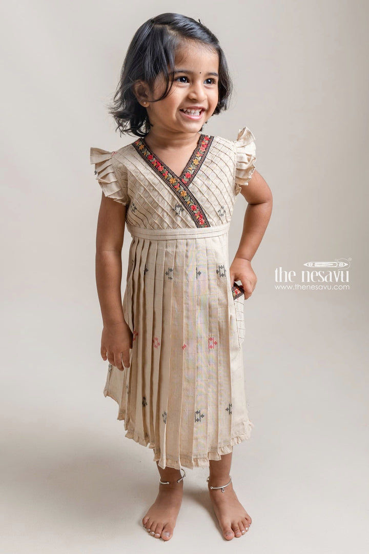 The Nesavu Girls Cotton Frock Pretty Beige Butta Printed Sleeveless Pleated Cotton Frock For Girls Nesavu 22 (4Y) / Beige / Cotton GFC1003A-22 Stylish Cotton Frock For Girls | New Arrivals For Girls | The Nesavu