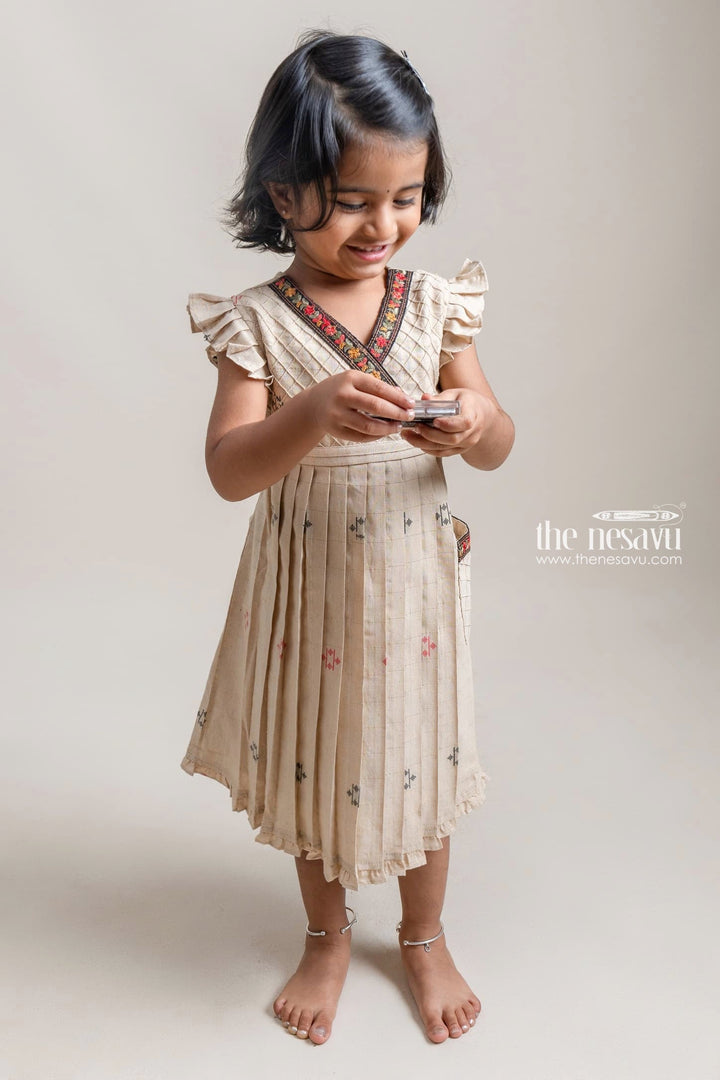 The Nesavu Girls Cotton Frock Pretty Beige Butta Printed Sleeveless Pleated Cotton Frock For Girls Nesavu Stylish Cotton Frock For Girls | New Arrivals For Girls | The Nesavu