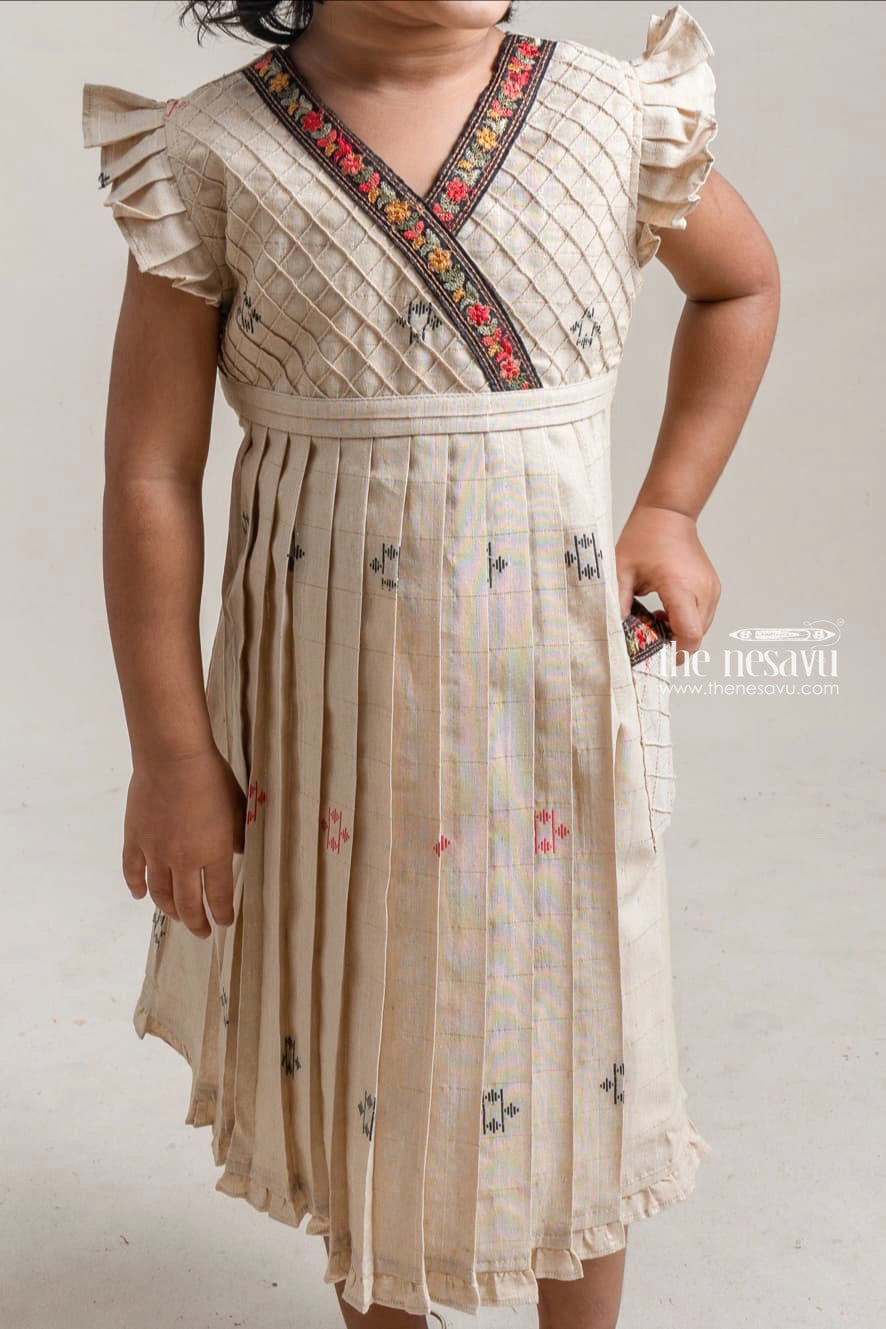 The Nesavu Girls Cotton Frock Pretty Beige Butta Printed Sleeveless Pleated Cotton Frock For Girls Nesavu Stylish Cotton Frock For Girls | New Arrivals For Girls | The Nesavu