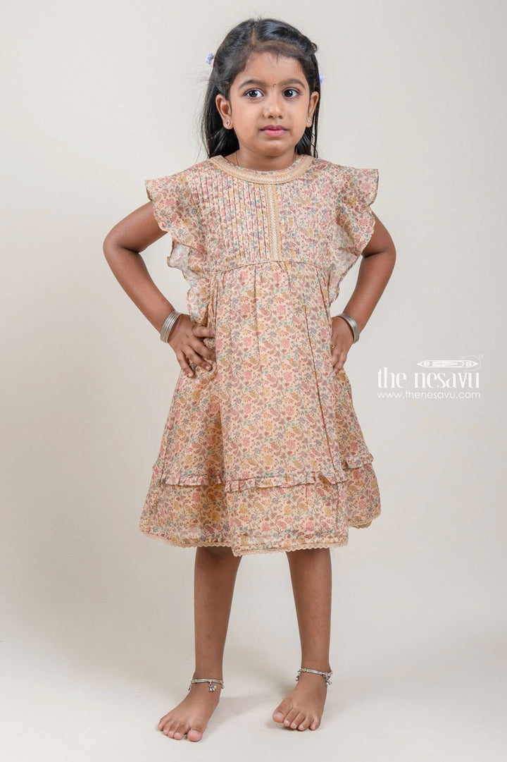 The Nesavu Girls Cotton Frock Pretty Beige Floral Printed Pleated Casual Cotton Frock For Girls Nesavu 22 (4Y) / Beige / Cotton GFC1033A-22 Pretty Cotton Frock Design | Frock Long Collection | The Nesavu