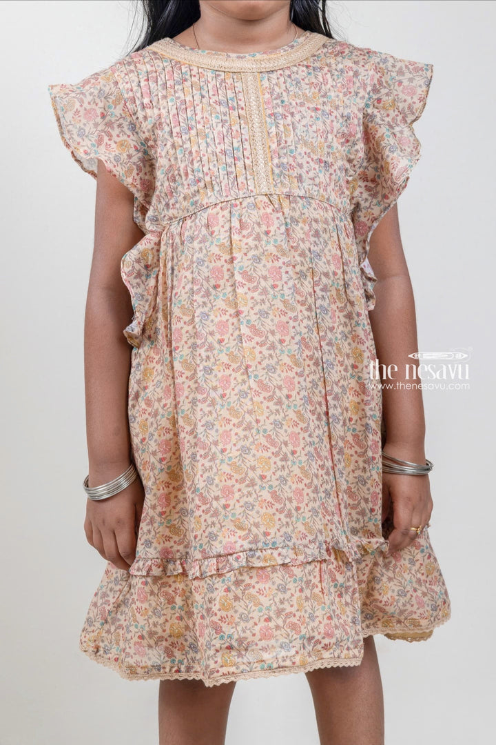 The Nesavu Girls Cotton Frock Pretty Beige Floral Printed Pleated Casual Cotton Frock For Girls Nesavu Pretty Cotton Frock Design | Frock Long Collection | The Nesavu