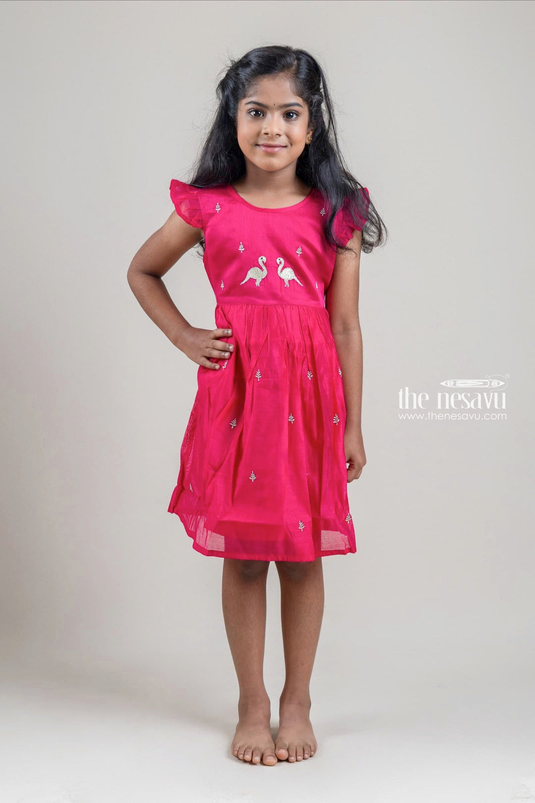 The Nesavu Girls Fancy Frock Pretty Bird Embroidered Pink Cotton Frock with Flared Sleeves for Girls Nesavu 16 (1Y) / Pink / Chanderi GFC1054A-16 Pretty Bird Embroidered Pink Cotton Frock with Flared Sleeves for Girls | The Nesavu