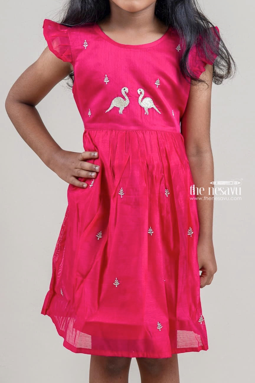 The Nesavu Girls Fancy Frock Pretty Bird Embroidered Pink Cotton Frock with Flared Sleeves for Girls Nesavu Pretty Bird Embroidered Pink Cotton Frock with Flared Sleeves for Girls | The Nesavu