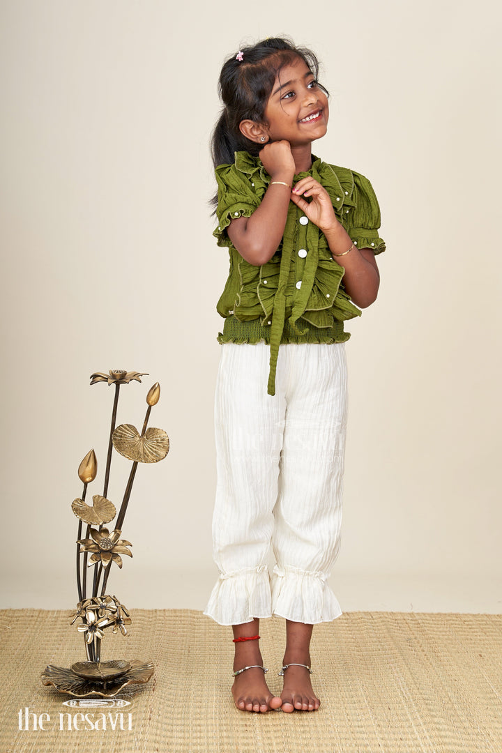 The Nesavu Girls Casual Set Pretty Casual Dresses Olive Green Ruffled Rayon Top with Pearl Buttons and Cream Crushed Pants Set Nesavu 18 (2Y) / Green GPS626A-18 Nesavu Pretty Casual Dresses Girls Olive Green Ruffled Rayon Crush Top Cream Flared Pants