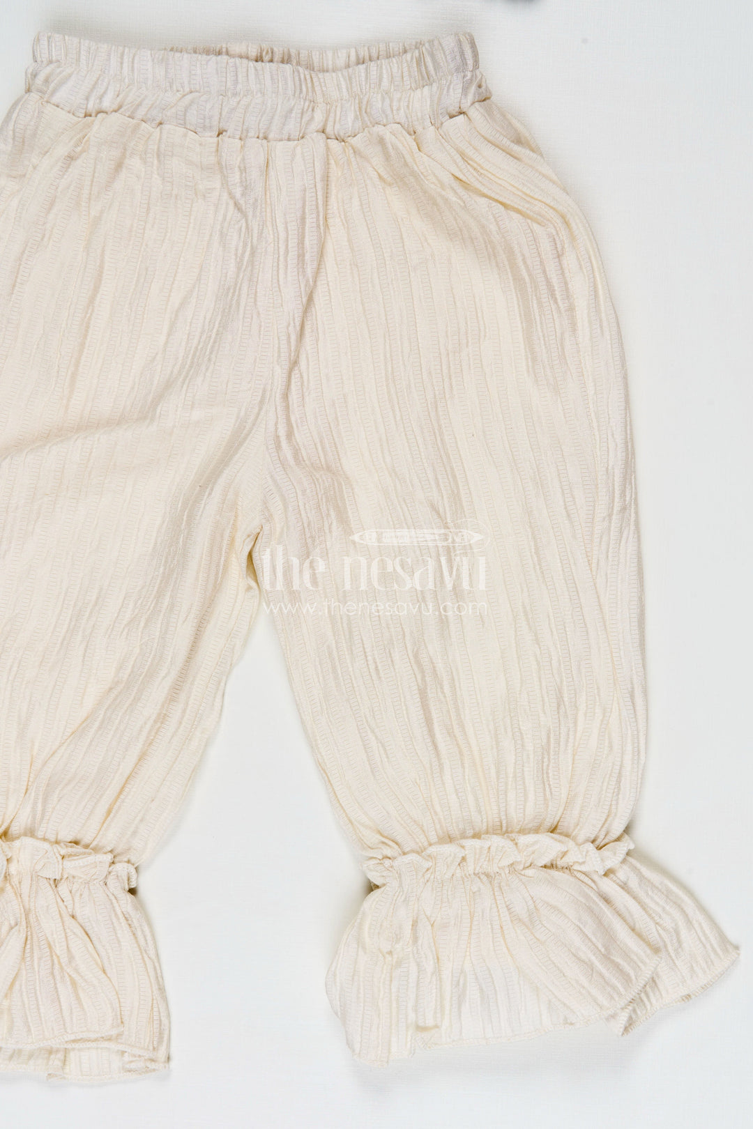 The Nesavu Girls Casual Set Pretty Casual Dresses Olive Green Ruffled Rayon Top with Pearl Buttons and Cream Crushed Pants Set Nesavu Nesavu Pretty Casual Dresses Girls Olive Green Ruffled Rayon Crush Top Cream Flared Pants