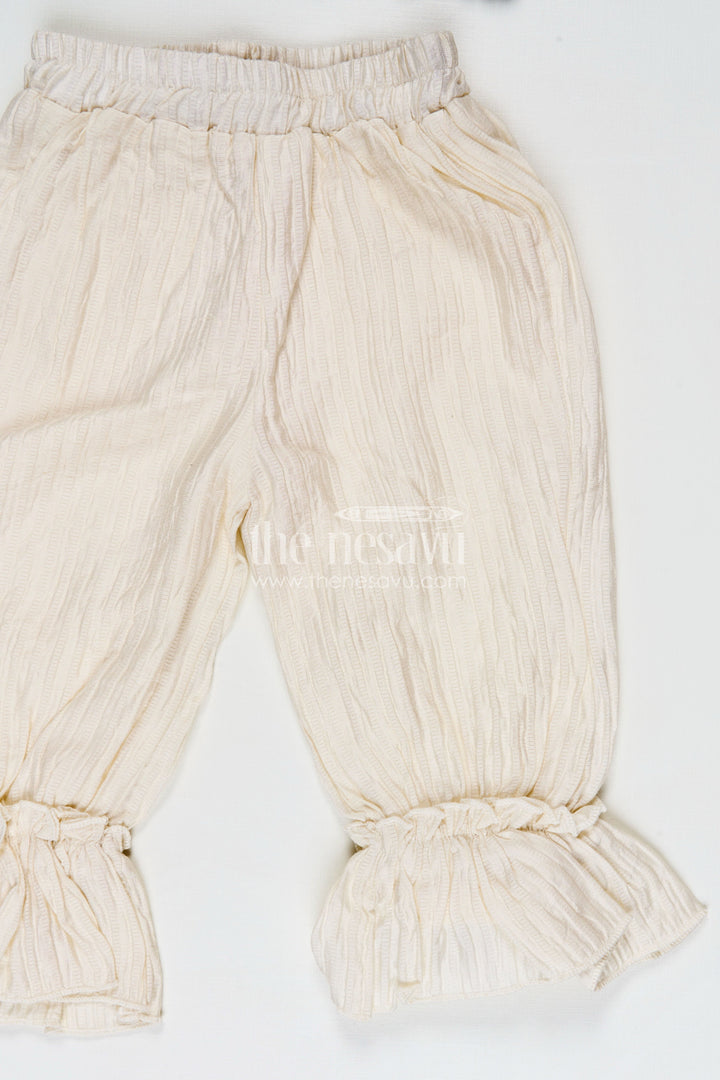 The Nesavu Girls Casual Set Pretty Casual Dresses Olive Green Ruffled Rayon Top with Pearl Buttons and Cream Crushed Pants Set Nesavu Nesavu Pretty Casual Dresses Girls Olive Green Ruffled Rayon Crush Top Cream Flared Pants