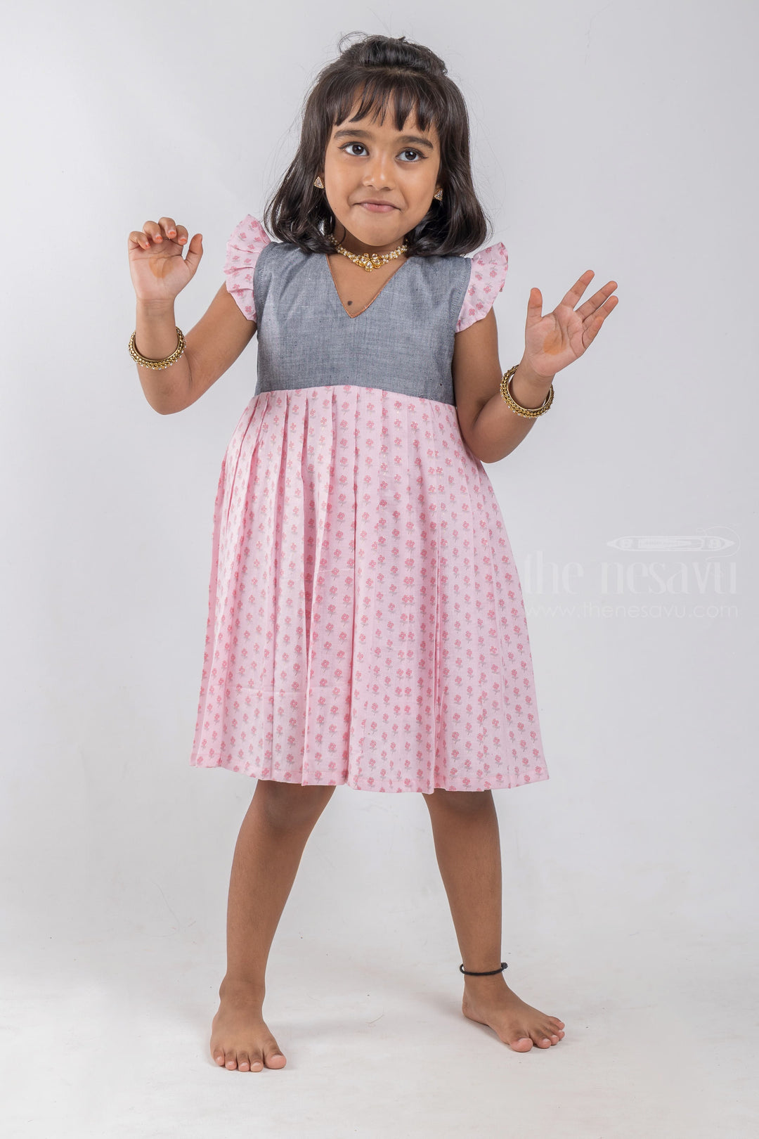 The Nesavu Girls Cotton Frock Pretty Dark Grey And Pink Floral Printed Pleated Cotton Frock For Girls psr silks Nesavu 12 (3M) / Pink / Cotton GFC757D