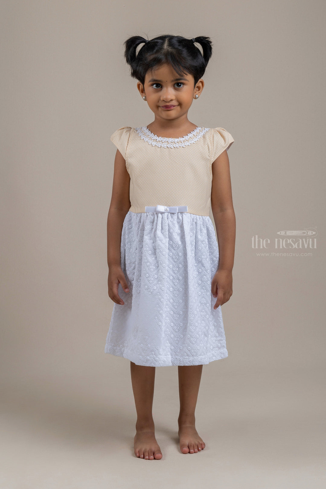 The Nesavu Baby Frock / Jhabla Pretty Floral Necklace Embroidered Beige Yoke And White Floral Embroiderd Frock For Little Girls psr silks Nesavu