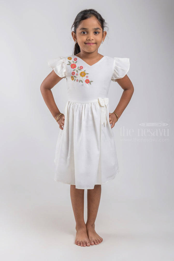 The Nesavu Girls Cotton Frock Pretty Floral Printed White Cotton Frock With Flared Sleeves psr silks Nesavu 18 (2Y) / White / Cotton GFC1076A