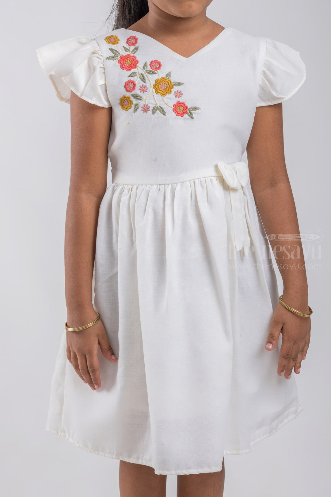 The Nesavu Girls Cotton Frock Pretty Floral Printed White Cotton Frock With Flared Sleeves psr silks Nesavu