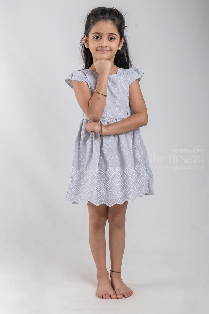 The Nesavu Baby Cotton Frocks Pretty Gray Floral Embroidered Baby Cotton Frock With Designer Belt psr silks Nesavu 14 (6M) / Gray / Cotton Blend BFJ398C
