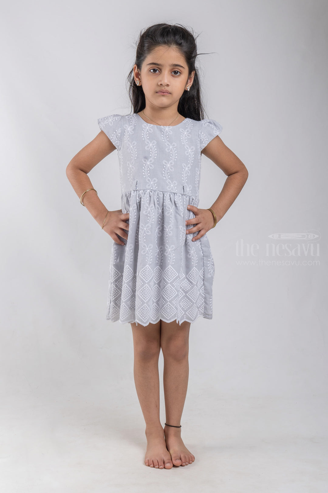 The Nesavu Baby Cotton Frocks Pretty Gray Floral Embroidered Baby Cotton Frock With Designer Belt psr silks Nesavu